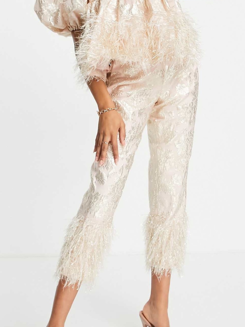 ASOS Edition Metalic Blush Jacquard Pants Size 6 Tassle Fringe Hem Boho